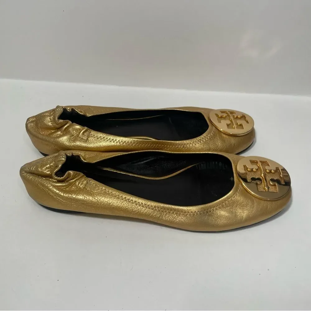 Tory Burch Metallic Gold Round Toe Ballet Flats
